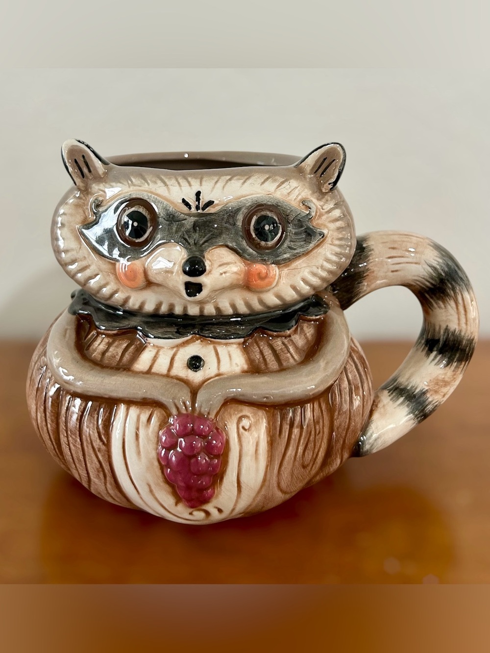 Johanna Parker Fall Handcrafted Brown Raccoon Ceramic Mug with Berry Accent